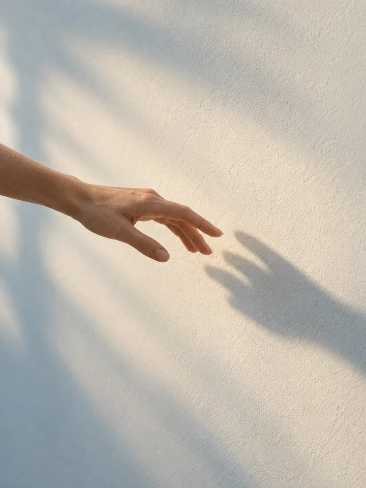 Una mano junto a su sombra sobre una pared clara