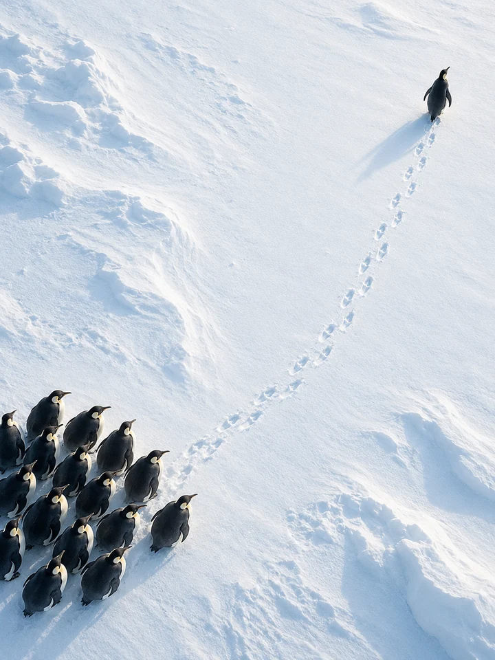 Un grupo de pingüinos y otro separado, unidos visualmente por huellas sobre la nieve
